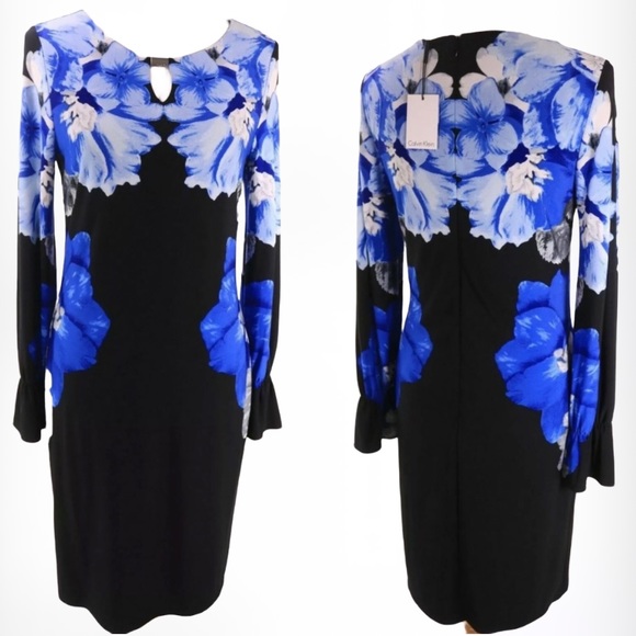 Calvin Klein Beautiful BLUE Floral Bell Long Sleeve Dress SZ 6 - Picture 2 of 7